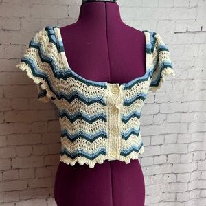 Zara size medium crocheted blouse cream and blue
